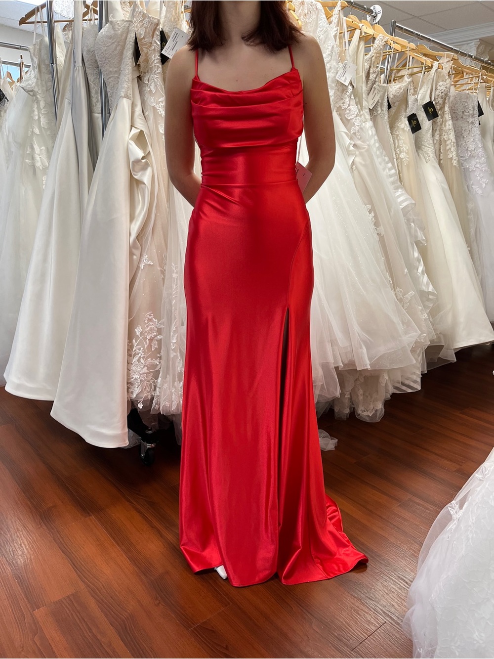 JVN by Jovani Red Satin Cowl Neck Maxi Dress with Slit